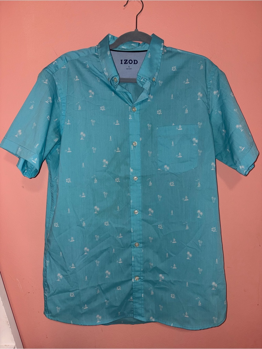 Izod Teal Short-Sleeve Button-Down Shirt with White Island Motif